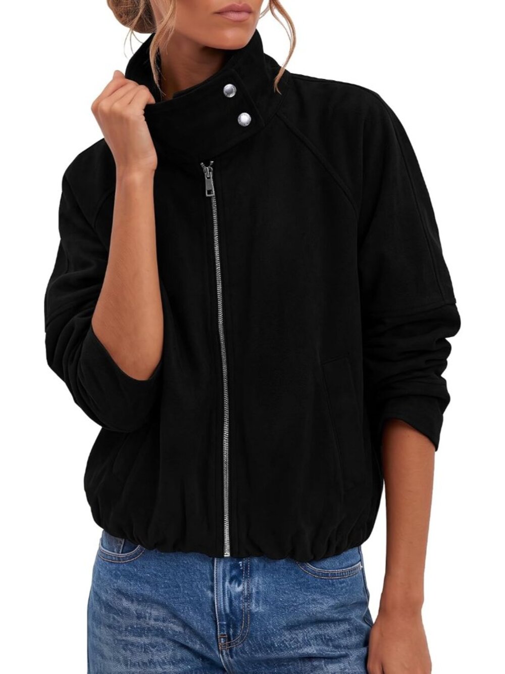 Women's Black Funnel Neck Faux Suede Cropped Oversized ZIP Bomber Jacket